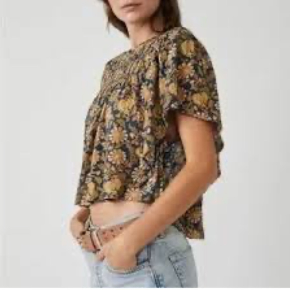 Free People navy and Yellow Printed Ruffled Up Top Floral Blouse sz M - Picture 4 of 14